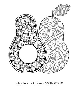 Line art avocado drawing for printing on stuffs and adult coloring book or coloring page.  