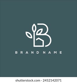 line art B bloom house and nature logo vector