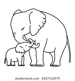 Line art of baby elephant cuddles mother elephant vector 