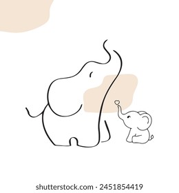 Line art of baby elephant cuddles mother elephant vector