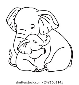 Line art of baby elephant hug mother elephant cartoon vector