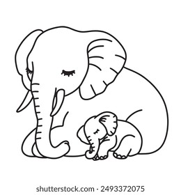 Line art of baby elephant sleeping beside mother elephant cartoon vector