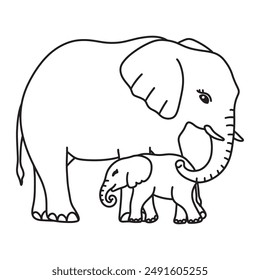 Line art of baby elephant standing with mother elephant cartoon vector