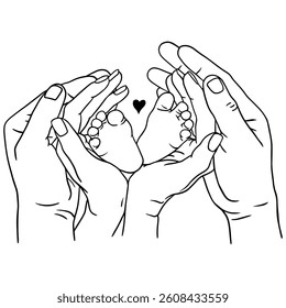 Line art of baby feet held by parents' hands with a heart. Symbol of love, family, and protection.