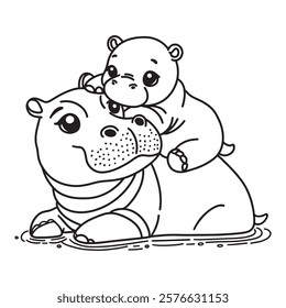 Line art of baby hippo clings to mother hippo's back in the pond cartoon vector