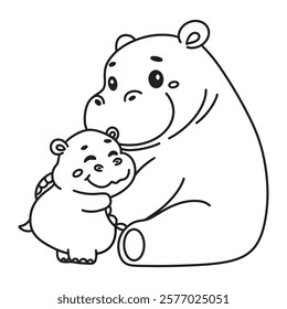 Line art of baby hippo cuddles mother hippo cartoon vector