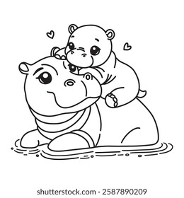 Line art of baby hippo cuddles mother hippo in the river cartoon vector