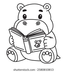 Line art of baby hippo reading a book cartoon vector