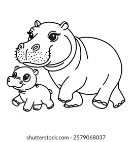 Line art of baby hippo walking with mother hippo cartoon vector