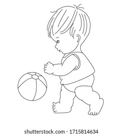 Line art baby playing with ball. vector illustration. For cartoon education, pre school education, kindergarten and kids and children. Coloring page and books, outline 