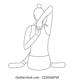 Line art back side woman doing yoga exercise in cow face pose vector 