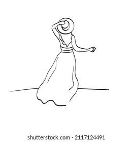 Line Art Back view mit Frau in voller Länge mit großem Hut, stehender Vektorgrafik einzeln auf weißem Hintergrund