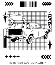 line art back view of old car with door open