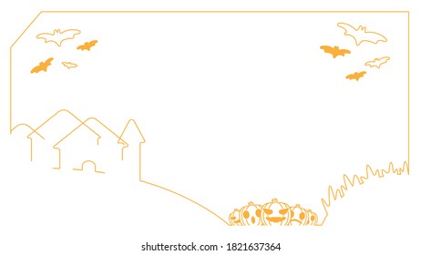 Line art background with orange pattern frame for halloween, Contains pumpkins abandoned castle and bats.