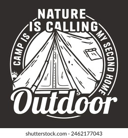 Line art badge featuring a camping theme with mountain outlines, symbolizing the call of the wild and the joy of outdoor life for nature enthusiasts and hikers.