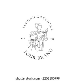line art of a baker mother and her child eating. continuous line drawing of a mother making bread