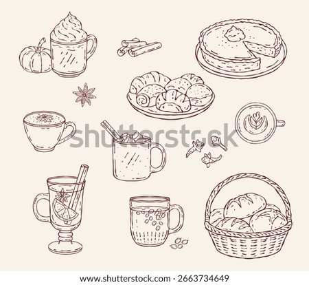 Line art bakery and hot drinks collection with bread, pies, and coffee. Suitable for coloring pages and dessert-themed designs