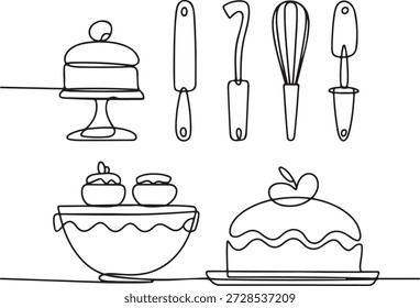 Line Art Baking Tools and Cakes Illustration