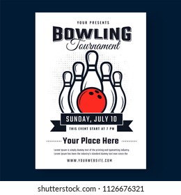 Line art ball and pins illustration on white template for poster design isolated on blue background for Bowling tournament concept.