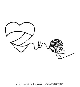 Line art Ball of thread and Heart isolated on white background. The logo for the needlewoman.  Contour outline drawing of simple black heart and ball.