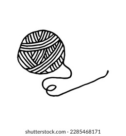 Line art ball of thread isolated on white background. The logo for the needlewoman.  Contour outline drawing of simple black knitting element.