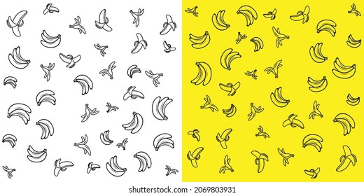 Line Art bananas on yellow and white background. Vector  pattern.
Banana doodle  illustration. Banana food product icon.