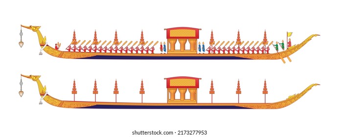 Line art of Bangkok Thailand symbols with Royal barge Suphannahong with and without captain and sailor or crew drawing in vector