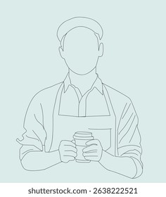 line art  Barista holding coffee cup, serving coffee to customer.