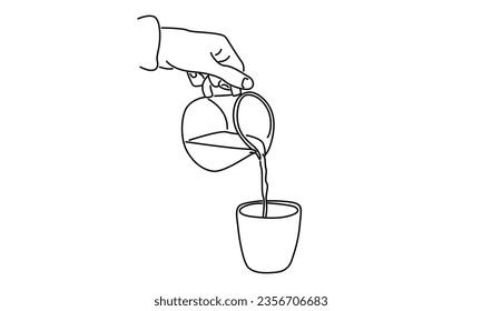 line art of barista making coffee, pouring milk or hot water into a cup