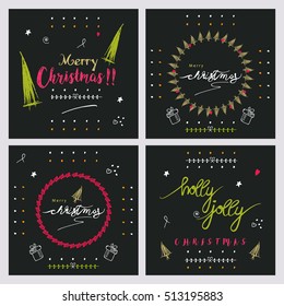 Line art based creative christmas doodle greeting card set  with text and decoration