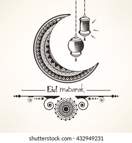 Line art based design with beautiful floral decorated moon and hanging lamps on decorative background for Islamic Festival Id Mubarak.
