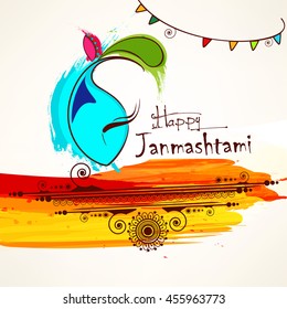 Line Art based Vector Illustration for Happy Janmashtami with Lord Krishna face and Floral Frame on Grungy decorative background.
