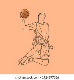 line art basketball player. jump. ball. orange background. perfect for children's color books. eps file