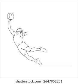 Line art of a basketball player leaping horizontally with one arm extended, about to dunk or layup the ball, capturing a moment of intense athleticism and motion.