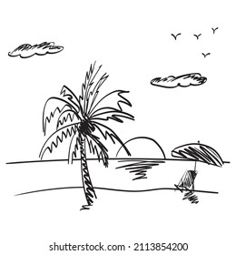 fondo de playa de arte de línea con ilustración de cama y paraguas mano vectorial aislada de fondo blanco