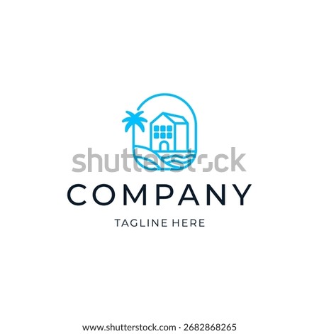Line art beach hotel logo design. simple bulding icon illustration vector