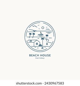 Line art of beach house with boat, palm trees and sun logo vector illustration. Beach circle icon