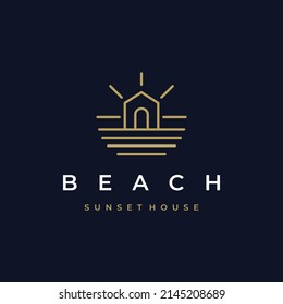 Line Art Beach House Logo Design, Real Estate Logo, Beach Resort, Villa, Beach Hotel Logo Design Vector Illustration