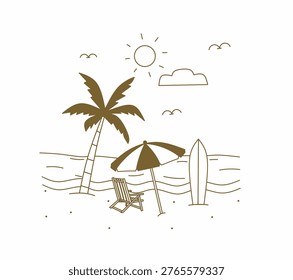 Line art of beach on white background 