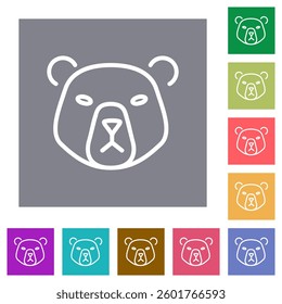 Line art bear head icon set. Simple, stylized design. Presented in a variety of outline colors on square backgrounds.