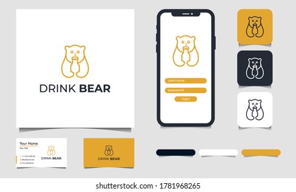 Line Art Bear hugged the bottle Logo with Business card Design Vector