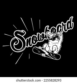 line art bear jumping on a snowboard, tricks, adventure, vector graphics, black and white graphics