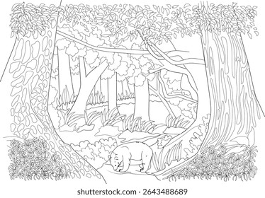 Line Art of Bear in Jungle Landscape, Black and white line drawing featuring a bear walking through a lush jungle or forest environment. Ideal for coloring pages, nature illustrations, or design