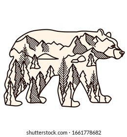 Line art Bear logo. 
Vector illustration of a wild beast? Forest beast? Forest landscape in the silhouette of a bear. Trees in the silhouette of an animal