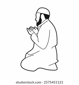 Line Art of a Bearded Muslim Man Praying with Raised Hands, Islamic Spiritual Illustration