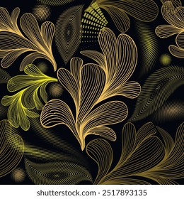 Arte de línea hermosa elegancia floral sin patrón con líneas de flores, hojas grunge de medio tono. Fondo artístico ornamental de Vector. Modernos adornos dibujados a mano. Patrones de tela. Textura sin fin.