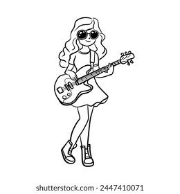 Line art of a beautiful girl dressed in a skirt, wearing glasses, standing and playing bass guitar.Vector illustration isolated on white.