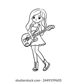 Line art of a beautiful girl dressed in a skirt, wearing glasses, standing and playing bass guitar.Vector illustration isolated on white.