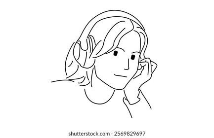 line art of beautiful girl listening music in headphones