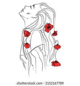 Line art beautiful girl with long hair and flowers poppies vetor.Woman abstract sketch image on white background.Hand drawn abstract feminine print.Beauty logos,poster illustration,card, t-shirt print